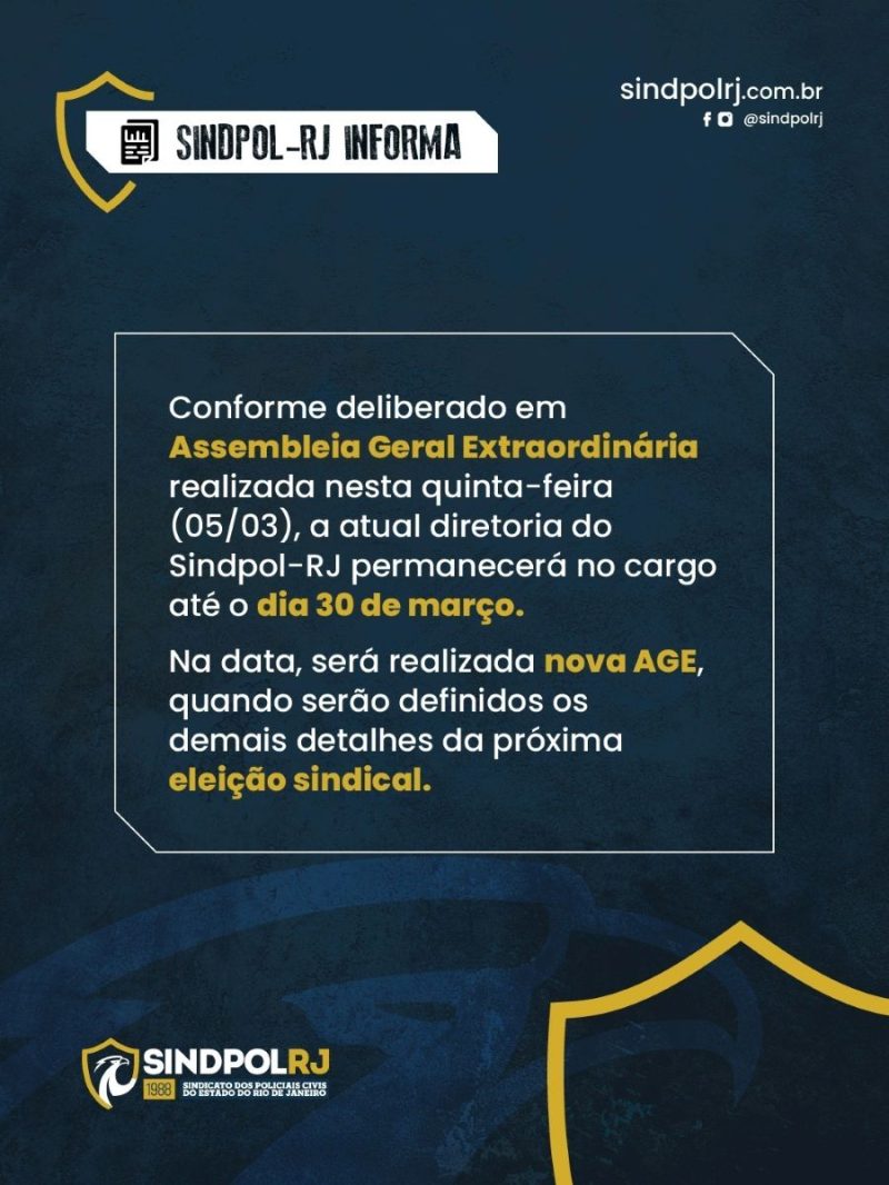 Assembleia do Sindpol-RJ define permanência da atual diretoria até 30 de março