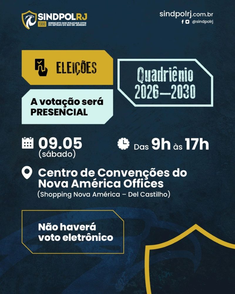 Eleição Sindpol-RJ 2026–2030 será presencial no dia 09 de maio