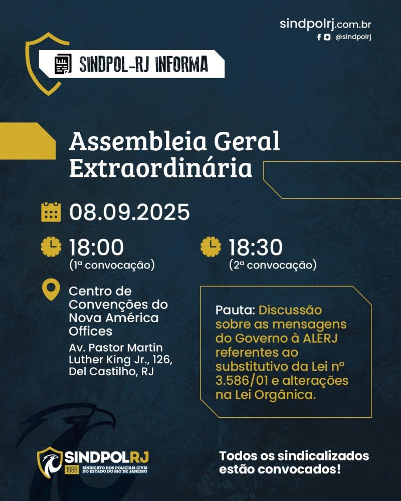 Sindpol-RJ convoca sindicalizados para Assembleia Geral Extraordinária